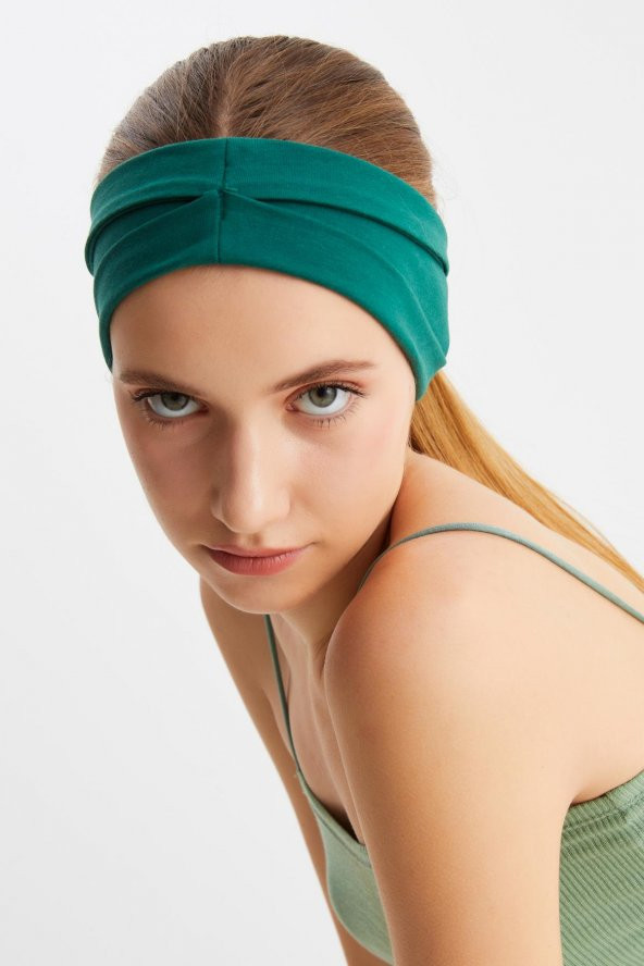 Zümrüt Yeşil  Kadın ÇİFT TARAFLI kullanım alternatifli, Pamuklu Penye, Kaymaz, Hafif, Spor Saç Bandı Bandana - 5