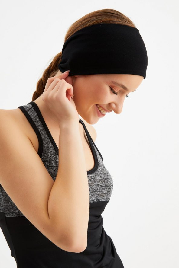 Siyah  Kadın ÇİFT TARAFLI kullanım alternatifli, Pamuklu Penye, Kaymaz, Hafif, Spor Saç Bandı Bandana - Resim 7