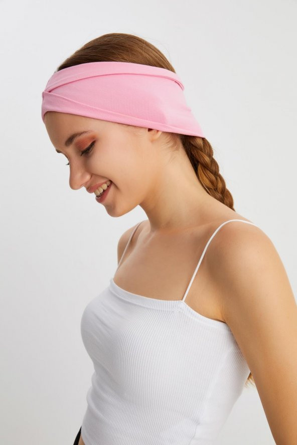 Pembe Kadın ÇİFT TARAFLI kullanım alternatifli, Pamuklu Penye, Kaymaz, Hafif, Spor Saç Bandı Bandana - 8