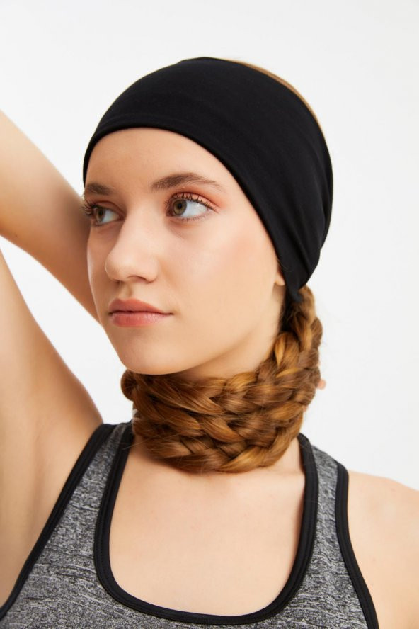 Siyah  Kadın ÇİFT TARAFLI kullanım alternatifli, Pamuklu Penye, Kaymaz, Hafif, Spor Saç Bandı Bandana - Resim 8