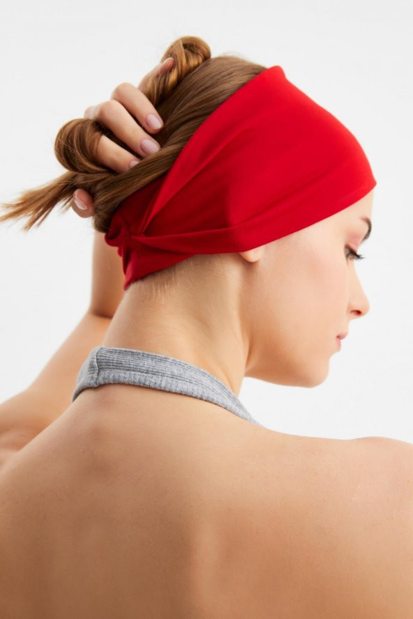 Kırmızı  Kadın ÇİFT TARAFLI kullanım alternatifli, Pamuklu Penye, Kaymaz, Hafif, Spor Saç Bandı Bandana - 9