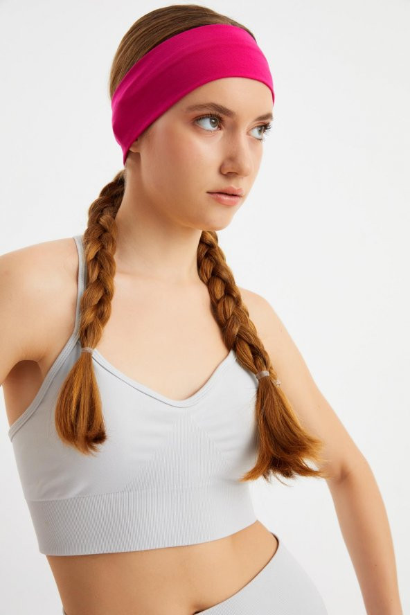 Fuşya-Beyaz  2'li Pamuklu Penye, Kaymaz, Terletmez, Ultra Hafif, Spor Saç Bandı Bandana - 7