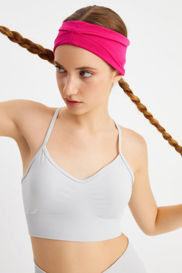 Fuşya  Kadın ÇİFT TARAFLI kullanım alternatifli, Pamuklu Penye, Kaymaz, Hafif, Spor Saç Bandı Bandana - 4