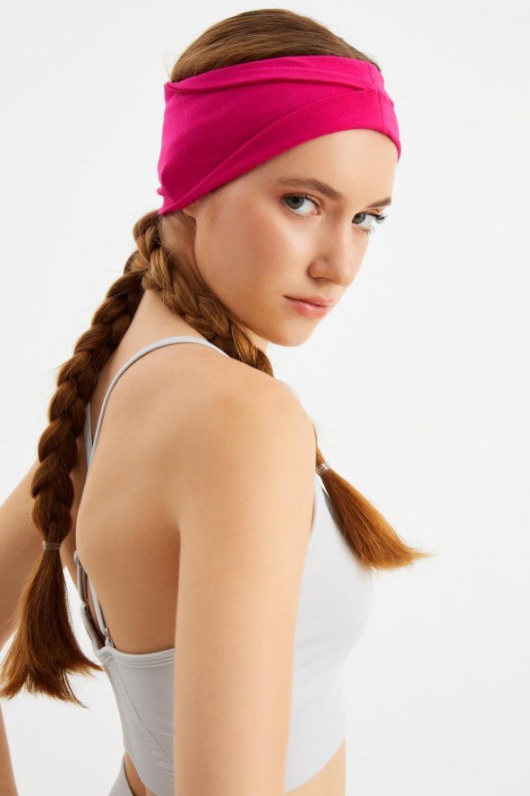 Fuşya  Kadın ÇİFT TARAFLI kullanım alternatifli, Pamuklu Penye, Kaymaz, Hafif, Spor Saç Bandı Bandana - 6