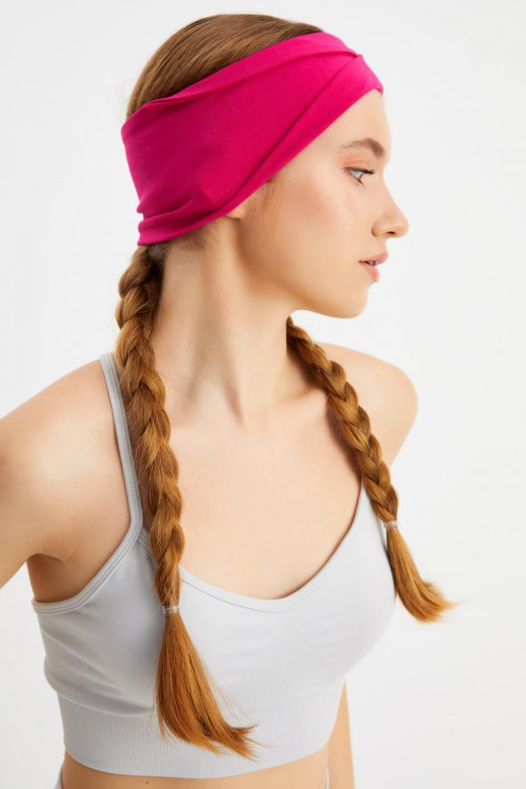 Fuşya  Kadın ÇİFT TARAFLI kullanım alternatifli, Pamuklu Penye, Kaymaz, Hafif, Spor Saç Bandı Bandana - 9