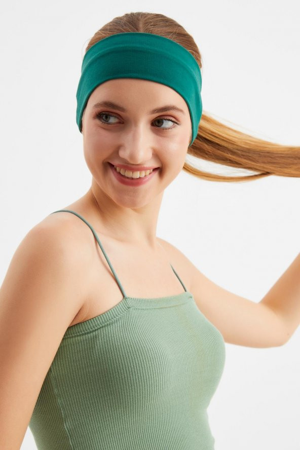 Zümrüt Yeşil Kadın Pamuklu Penye, Kaymaz, Terletmez, Ultra Hafif, Spor Saç Bandı Bandana - 4