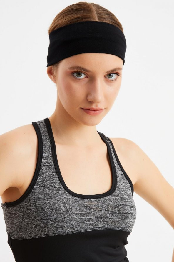 Siyah Kadın Pamuklu Penye, Kaymaz, Terletmez, Ultra Hafif, Spor Saç Bandı Bandana - 2