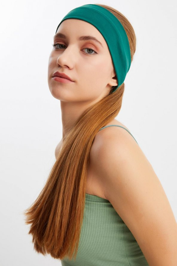 Zümrüt Yeşil Kadın Pamuklu Penye, Kaymaz, Terletmez, Ultra Hafif, Spor Saç Bandı Bandana - 5