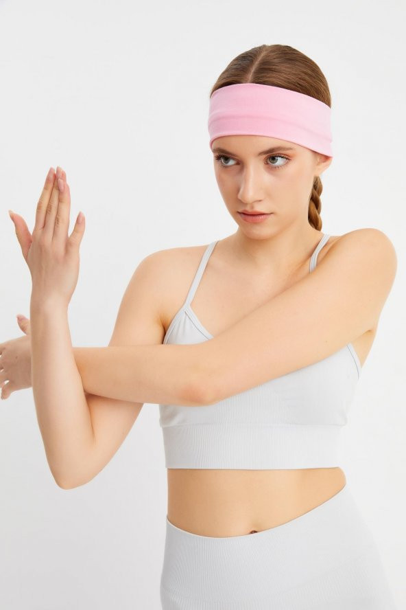 Pembe Kadın Pamuklu Penye, Kaymaz, Terletmez, Ultra Hafif, Spor Saç Bandı Bandana - 4