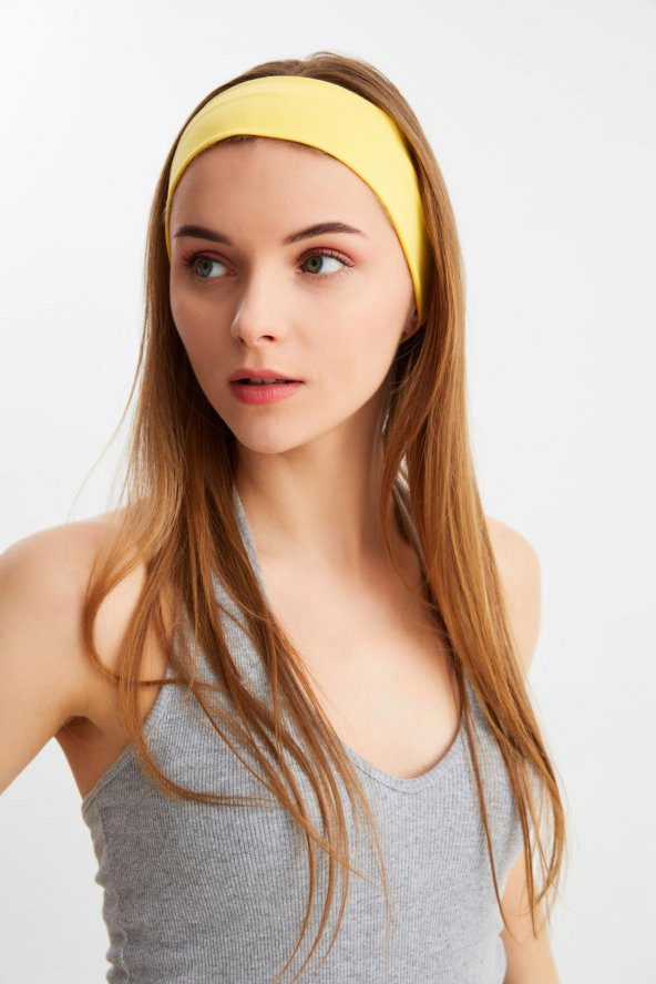 Sarı Kadın Pamuklu Penye, Kaymaz, Terletmez, Ultra Hafif, Spor Saç Bandı Bandana - 4