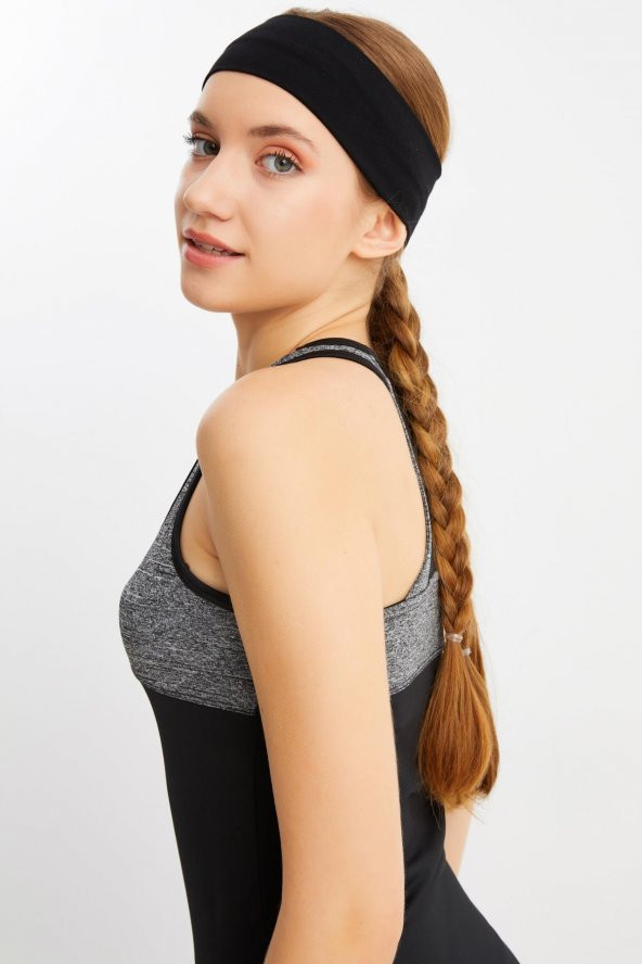 Siyah Kadın Pamuklu Penye, Kaymaz, Terletmez, Ultra Hafif, Spor Saç Bandı Bandana - 6