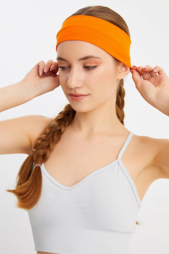 Turuncu Kadın Pamuklu Penye, Kaymaz, Terletmez, Ultra Hafif, Spor Saç Bandı Bandana - 5