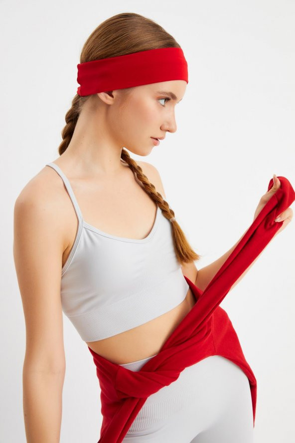 Kırmızı Kadın Pamuklu Penye, Kaymaz, Terletmez, Ultra Hafif, Spor Saç Bandı Bandana - Resim 3