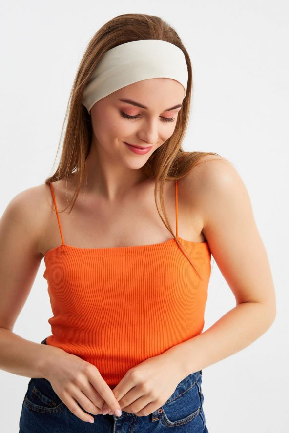 Bej Kadın Pamuklu Penye, Kaymaz, Terletmez, Ultra Hafif, Spor Saç Bandı Bandana - Resim 5