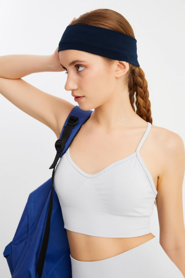 Lacivert Kadın Pamuklu Penye, Kaymaz, Terletmez, Ultra Hafif, Spor Saç Bandı Bandana - 6