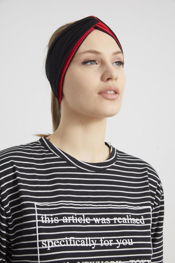 Siyah - Kırmızı, butik tasarım Kadın Bandana Saç Bandı, ekstra yumuşak,  Esnek, doğal, pamuklu Penye - 5