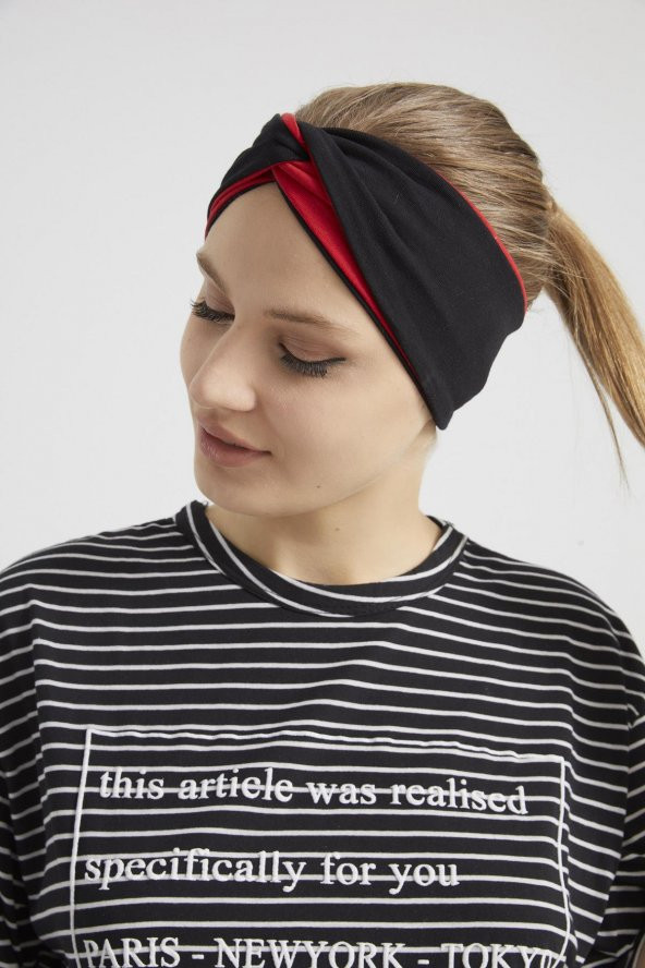 Siyah - Kırmızı, butik tasarım Kadın Bandana Saç Bandı, ekstra yumuşak,  Esnek, doğal, pamuklu Penye - 6
