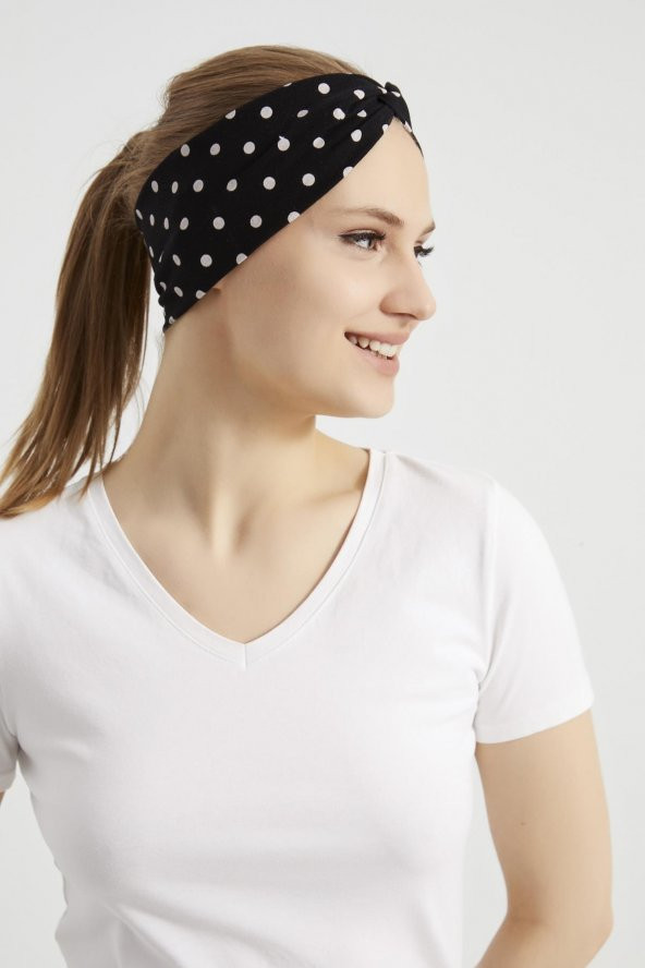 Siyah beyaz puantiyeli Butik Kadın Bandana Saç Bandı, ekstra yumuşak, Esnek, doğal, pamuklu Penye kumaş - 1