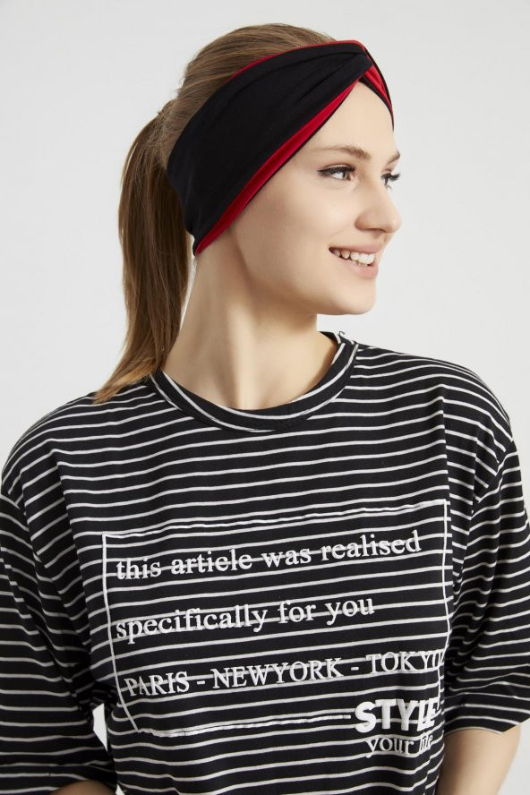 Siyah - Kırmızı, butik tasarım Kadın Bandana Saç Bandı, ekstra yumuşak,  Esnek, doğal, pamuklu Penye - 10