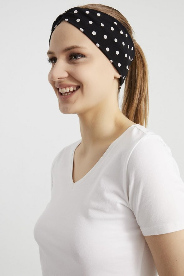 Siyah beyaz puantiyeli Butik Kadın Bandana Saç Bandı, ekstra yumuşak, Esnek, doğal, pamuklu Penye kumaş - 2