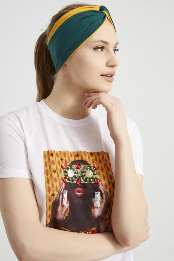 Zümrüt yeşili - Hardal, butik Kadın Bandana Saç Bandı, ekstra yumuşak,  Esnek, doğal, pamuklu Penye - Resim 2