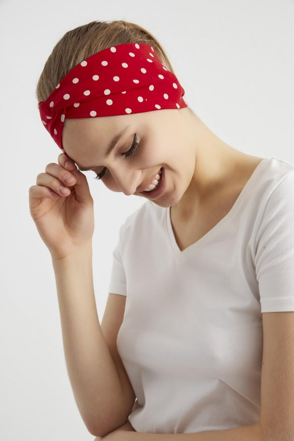 Kırmızı beyaz puantiyeli butik Kadın Bandana Saç Bandı, ekstra yumuşak,  Esnek, doğal, pamuklu Penye - 3