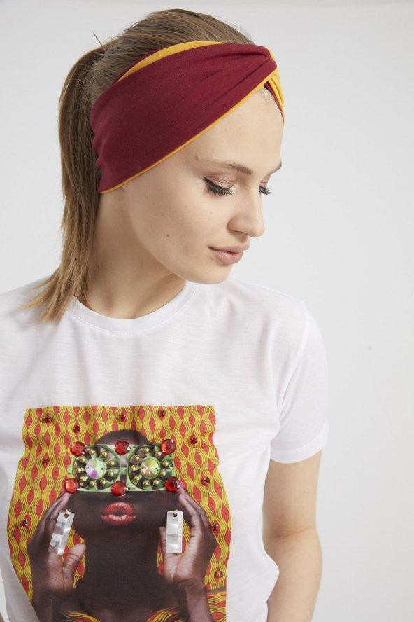 Hardal-vişne butik tasarım Kadın Bandana Saç Bandı, ekstra yumuşak,  Esnek, doğal, pamuklu Penye - 6