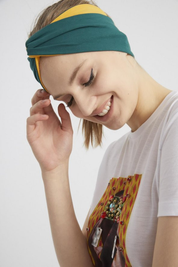 Zümrüt yeşili - Hardal, butik Kadın Bandana Saç Bandı, ekstra yumuşak,  Esnek, doğal, pamuklu Penye - Resim 8