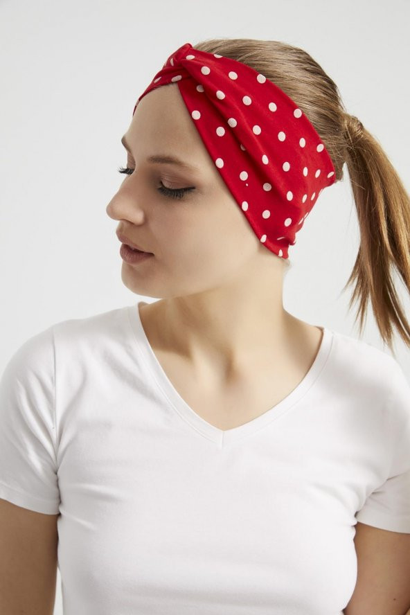 Kırmızı beyaz puantiyeli butik Kadın Bandana Saç Bandı, ekstra yumuşak,  Esnek, doğal, pamuklu Penye - 4
