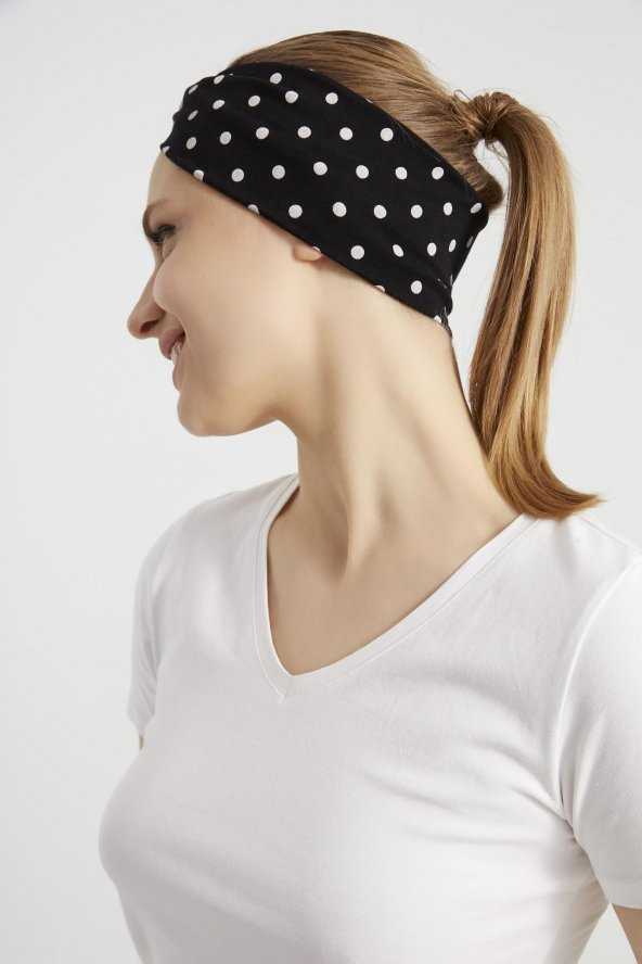 Siyah beyaz puantiyeli Butik Kadın Bandana Saç Bandı, ekstra yumuşak, Esnek, doğal, pamuklu Penye kumaş - 11