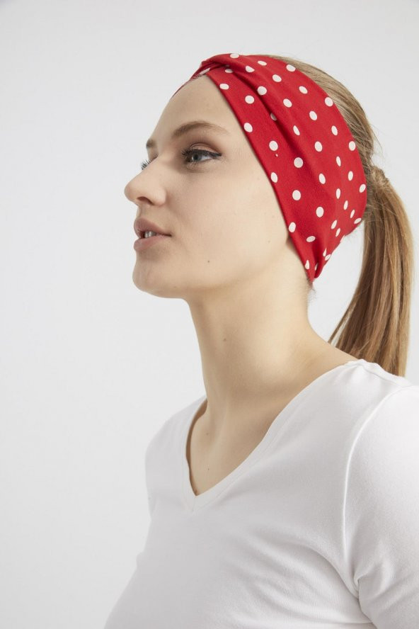 Kırmızı beyaz puantiyeli butik Kadın Bandana Saç Bandı, ekstra yumuşak,  Esnek, doğal, pamuklu Penye - 7