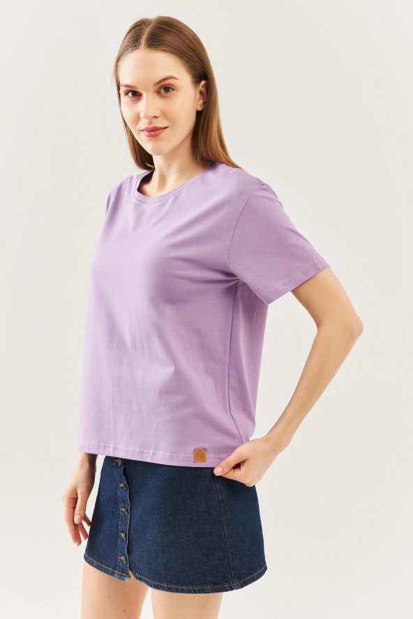 Lila Oversize Rahat %100 Pamuklu Penye Bisiklet Yaka Kısa Kol Basic T-Shirt