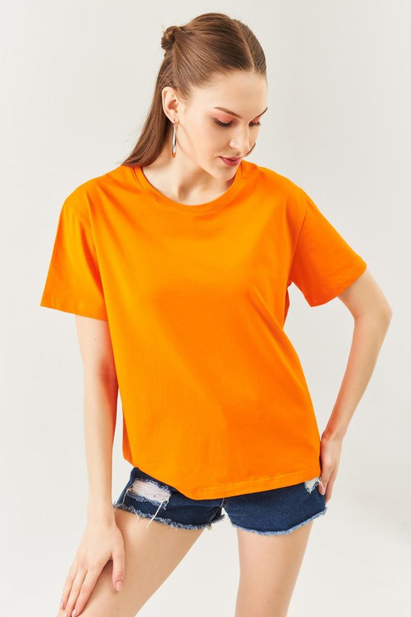 Turuncu Oversize Rahat %100 Pamuklu Penye Bisiklet Yaka Kısa Kol Basic T-Shirt