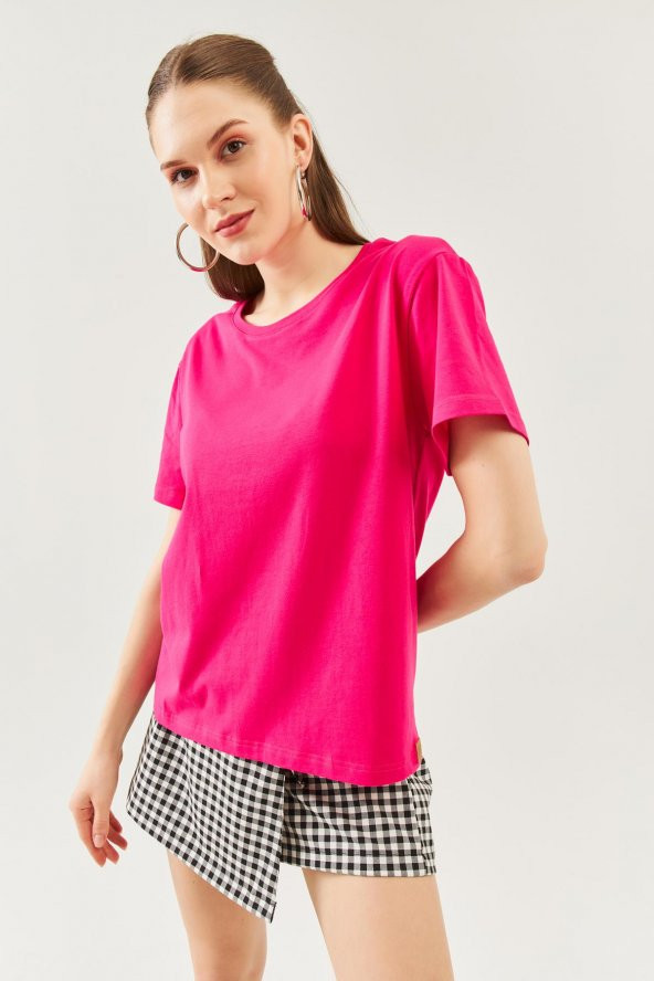 Fuşya Oversize Rahat %100 Pamuklu Penye Bisiklet Yaka Kısa Kol Basic T-Shirt - 2