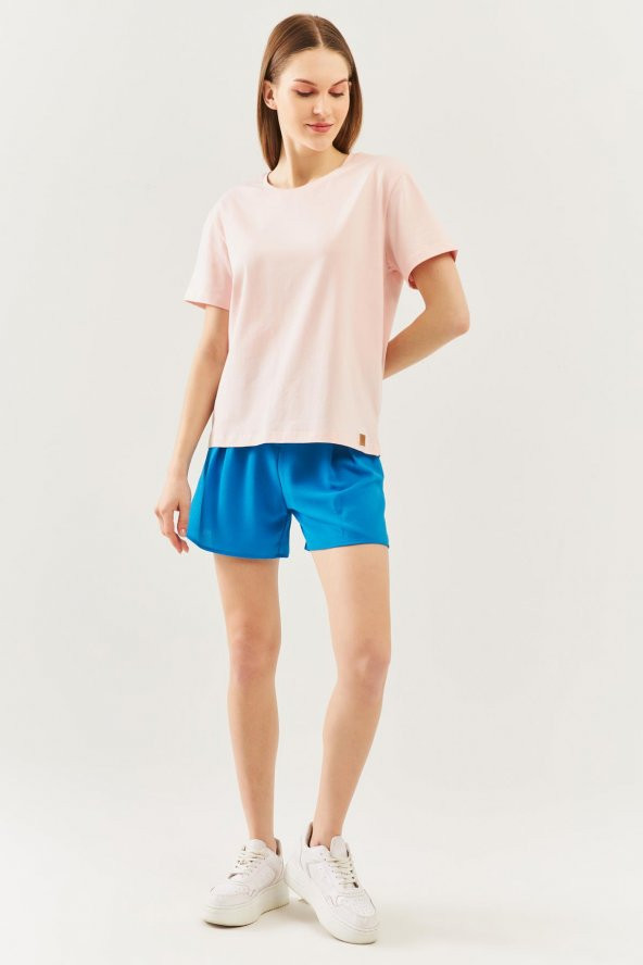Pudra Oversize Rahat %100 Pamuklu Penye Bisiklet Yaka Kısa Kol Basic T-Shirt - 3