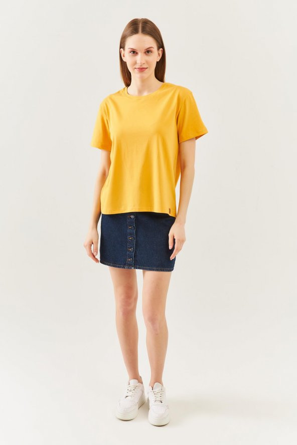 Hardal Oversize Rahat %100 Pamuklu Penye Bisiklet Yaka Kısa Kol Basic T-Shirt - 4