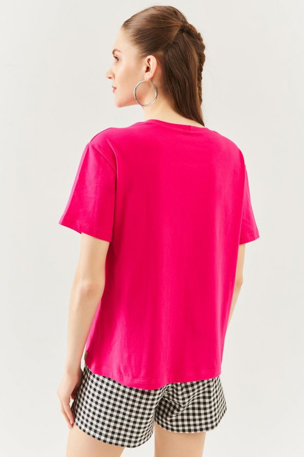 Fuşya Oversize Rahat %100 Pamuklu Penye Bisiklet Yaka Kısa Kol Basic T-Shirt - 5