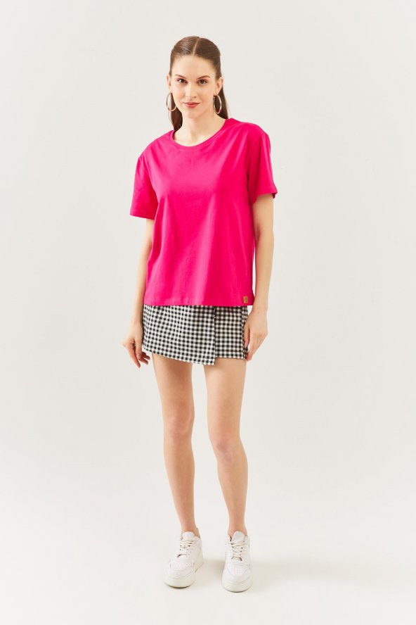 Fuşya Oversize Rahat %100 Pamuklu Penye Bisiklet Yaka Kısa Kol Basic T-Shirt - 7