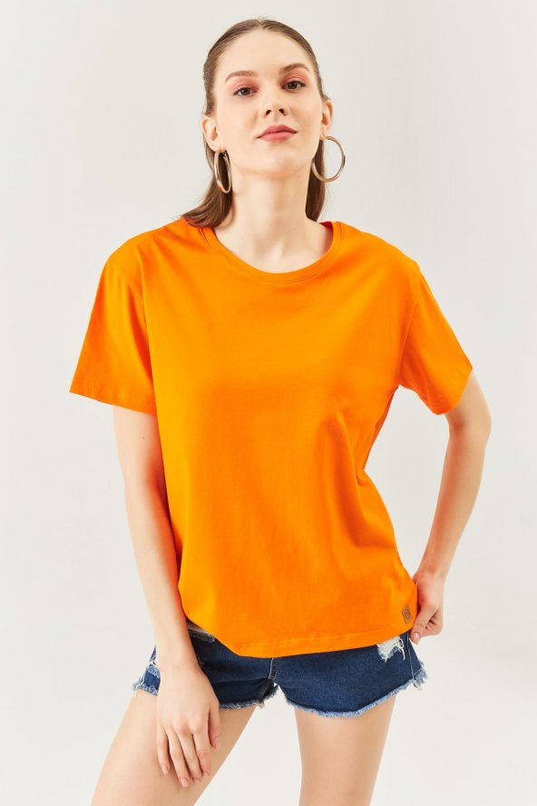 Turuncu Oversize Rahat %100 Pamuklu Penye Bisiklet Yaka Kısa Kol Basic T-Shirt - 2