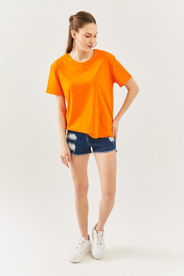 Turuncu Oversize Rahat %100 Pamuklu Penye Bisiklet Yaka Kısa Kol Basic T-Shirt - 3
