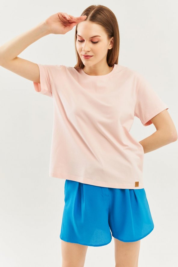 Pudra Oversize Rahat %100 Pamuklu Penye Bisiklet Yaka Kısa Kol Basic T-Shirt - 6