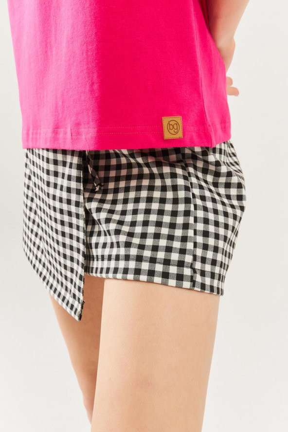 Fuşya Oversize Rahat %100 Pamuklu Penye Bisiklet Yaka Kısa Kol Basic T-Shirt - 8