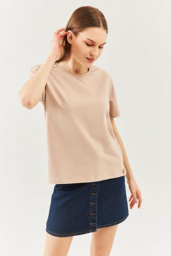 Açık Kahve Oversize Rahat %100 Pamuklu Penye Bisiklet Yaka Kısa Kol Basic T-Shirt - 2
