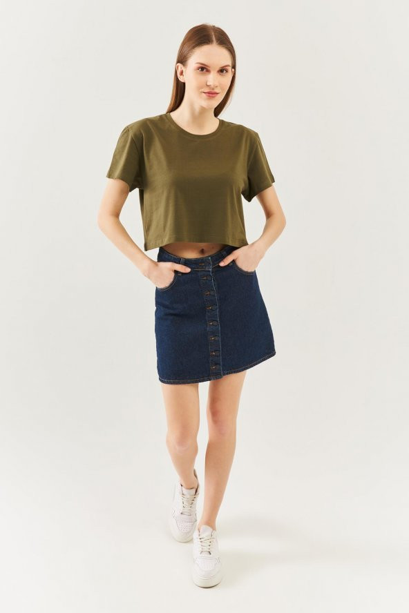 Haki Oversize Rahat %100 Pamuklu Penye Bisiklet Yaka Kısa Kol Basic Crop T-Shirt - 3