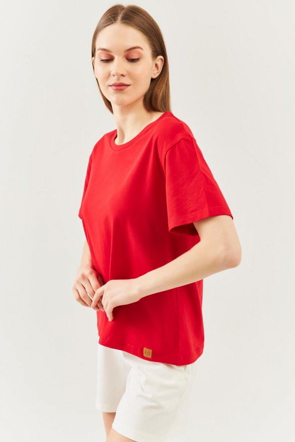 Kırmızı Oversize Rahat %100 Pamuklu Penye Bisiklet Yaka Kısa Kol Basic T-Shirt - 3