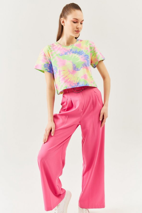 Batik Gökkuşağı Oversize Rahat %100 Pamuklu Penye Bisiklet Yaka Kısa Kol Basic Crop T-Shirt