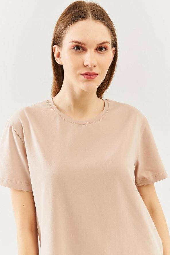 Açık Kahve Oversize Rahat %100 Pamuklu Penye Bisiklet Yaka Kısa Kol Basic T-Shirt - 7