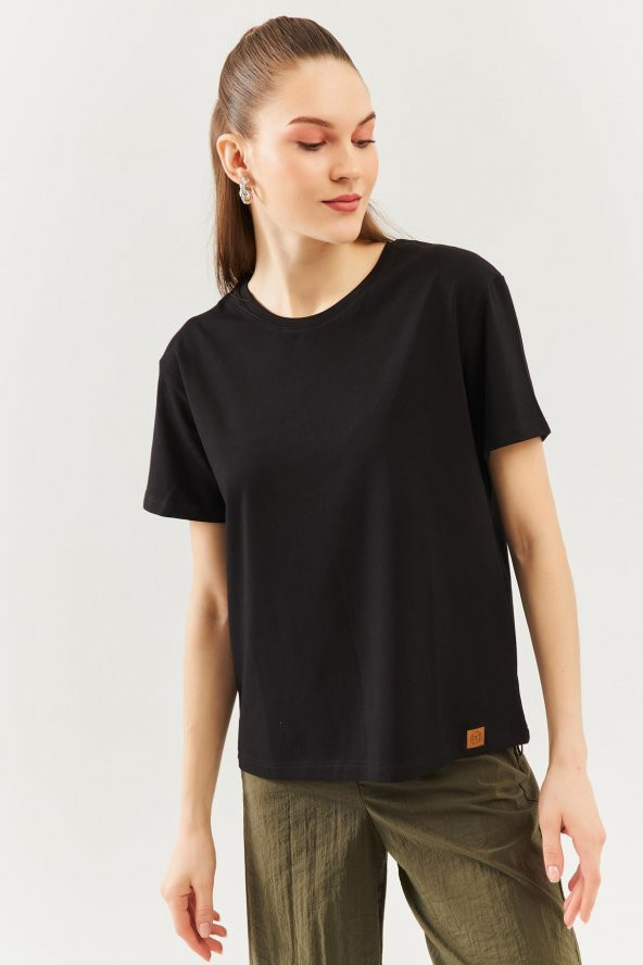 Siyah Oversize Rahat %100 Pamuklu Penye Bisiklet Yaka Kısa Kol Basic T-Shirt - 2