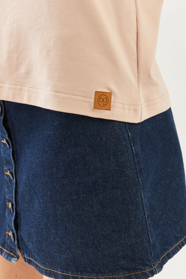 Açık Kahve Oversize Rahat %100 Pamuklu Penye Bisiklet Yaka Kısa Kol Basic T-Shirt - 8