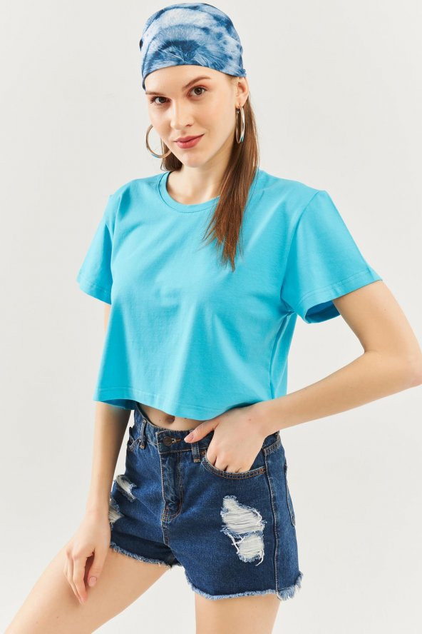 Aqua Oversize Rahat %100 Pamuklu Penye Bisiklet Yaka Kısa Kol Basic Crop T-Shirt